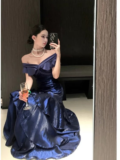Sexy Mermaid Off The Shoulder Navy Blue With Ruffled Date Night Outfits Long Formal Evening Wedding Guest Dresses RB5379