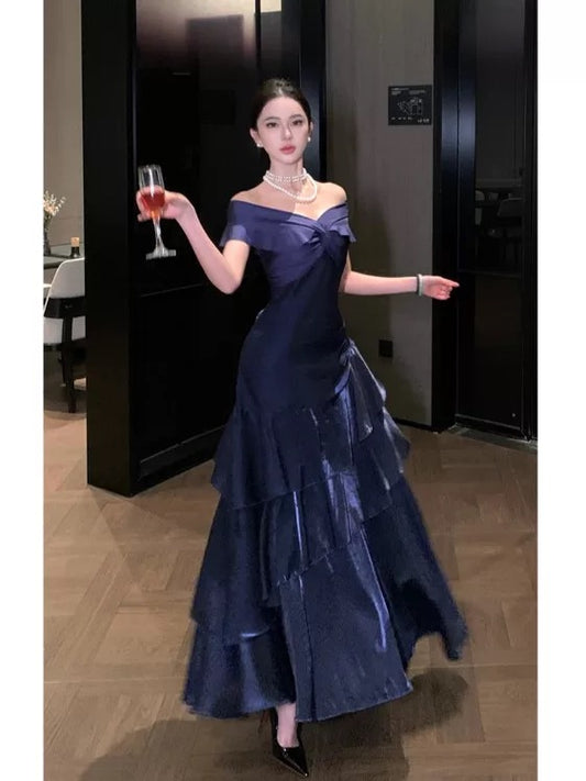 Sexy Mermaid Off The Shoulder Navy Blue With Ruffled Date Night Outfits Long Formal Evening Wedding Guest Dresses RB5379