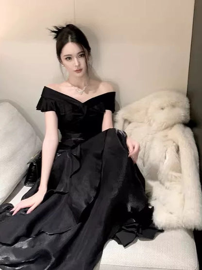 Sexy Mermaid Off The Shoulder Navy Blue With Ruffled Date Night Outfits Long Formal Evening Wedding Guest Dresses RB5379