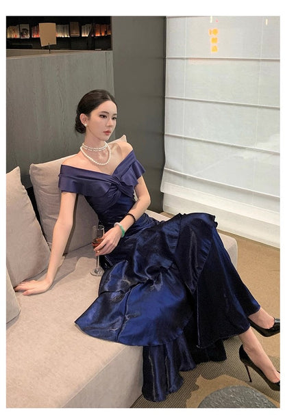 Sexy Mermaid Off The Shoulder Navy Blue With Ruffled Date Night Outfits Long Formal Evening Wedding Guest Dresses RB5379
