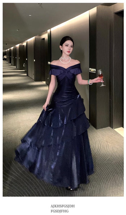 French Style Mermaid Off The Shoulder Navy Blue Date With Ruffled Night Evening Outfit Formal Prom Dresses RB5380