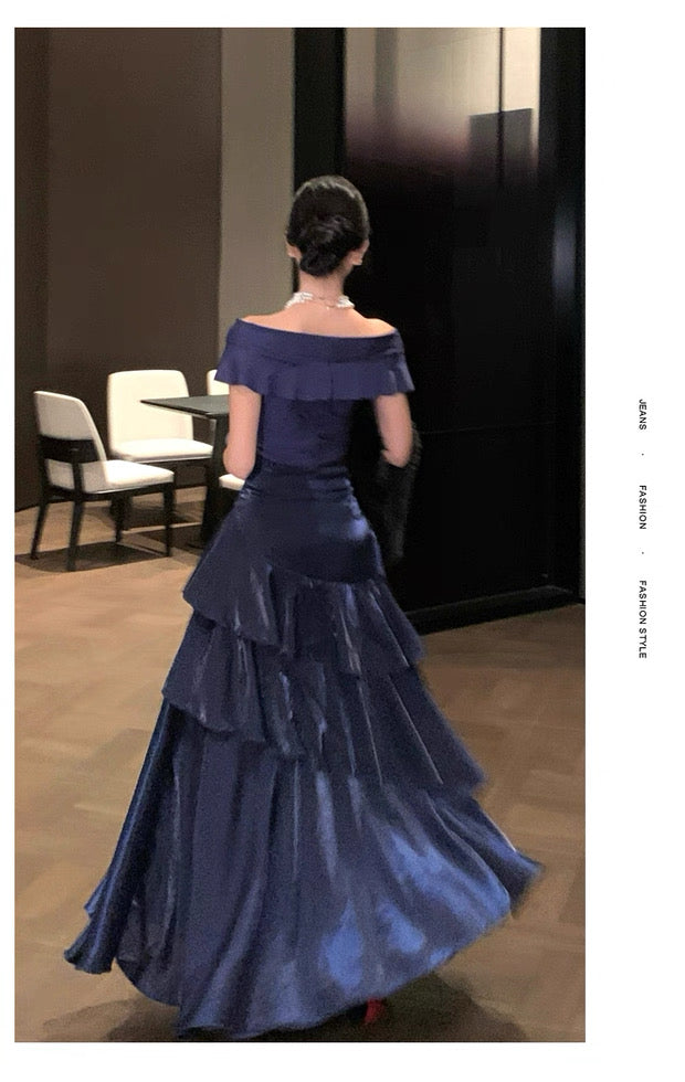 French Style Mermaid Off The Shoulder Navy Blue Date With Ruffled Night Evening Outfit Formal Prom Dresses RB5380