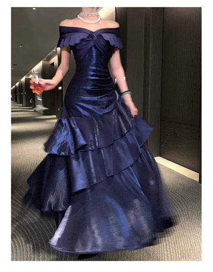 French Style Mermaid Off The Shoulder Navy Blue Date With Ruffled Night Evening Outfit Formal Prom Dresses RB5380