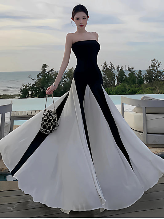 Sexy A line Black Tie Dress Strapless White Long Chiffon Date Night Outfits Semi Formal Prom Wedding Guest Dresses RB5381