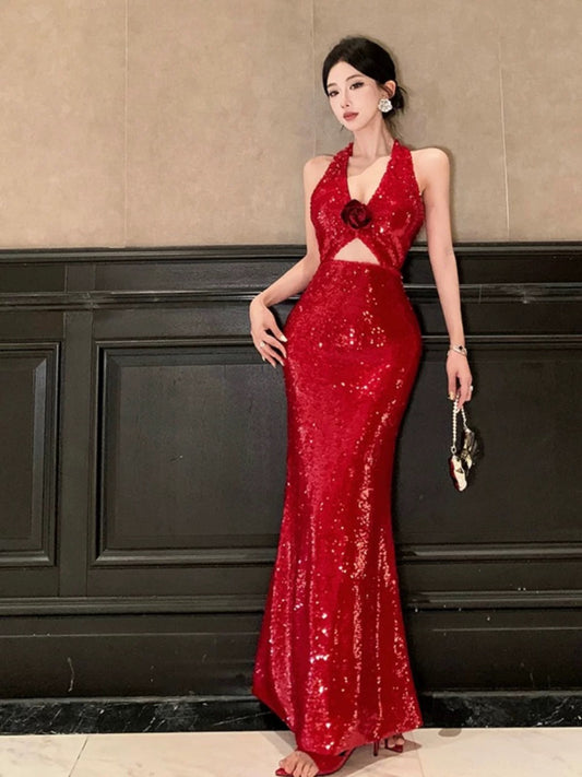 Simple Mermaid Halter Red Sequin Cruise Ship Formal Night Evening Dresses 20th Birthday Outfit RB5593