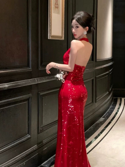 Simple Mermaid Halter Red Sequin Cruise Ship Formal Night Evening Dresses 20th Birthday Outfit RB5593