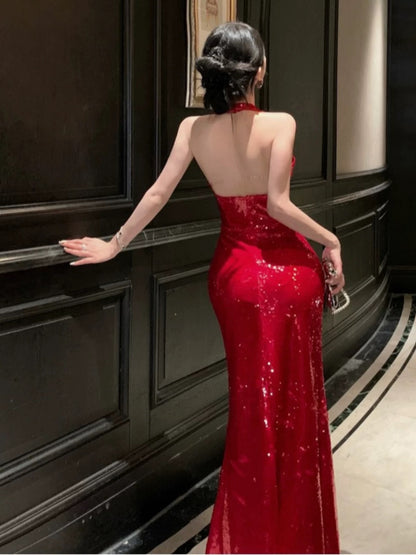 Simple Mermaid Halter Red Sequin Cruise Ship Formal Night Evening Dresses 20th Birthday Outfit RB5593