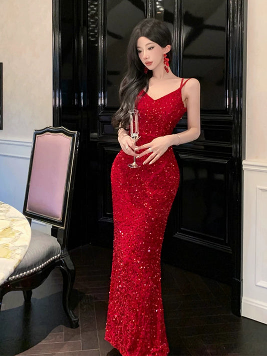 Sparkly Mermaid Spaghetti Strap Red Sequin Cruise Ship Formal Night Evening Dresses 18th Birthday Outfit RB5594