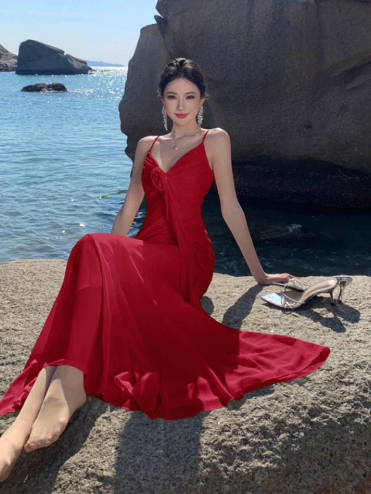 Modest Mermaid Spaghetti Strap Chiffon Red Cruise Ship Formal Night Evening Dresses 22th Long Birthday Outfits RB5596