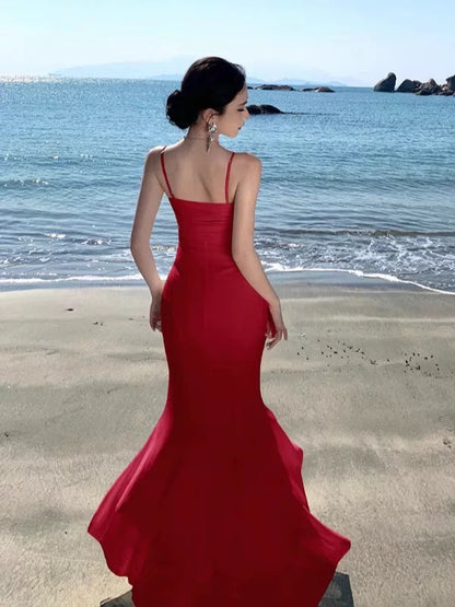 Modest Mermaid Spaghetti Strap Chiffon Red Cruise Ship Formal Night Evening Dresses 22th Long Birthday Outfits RB5596