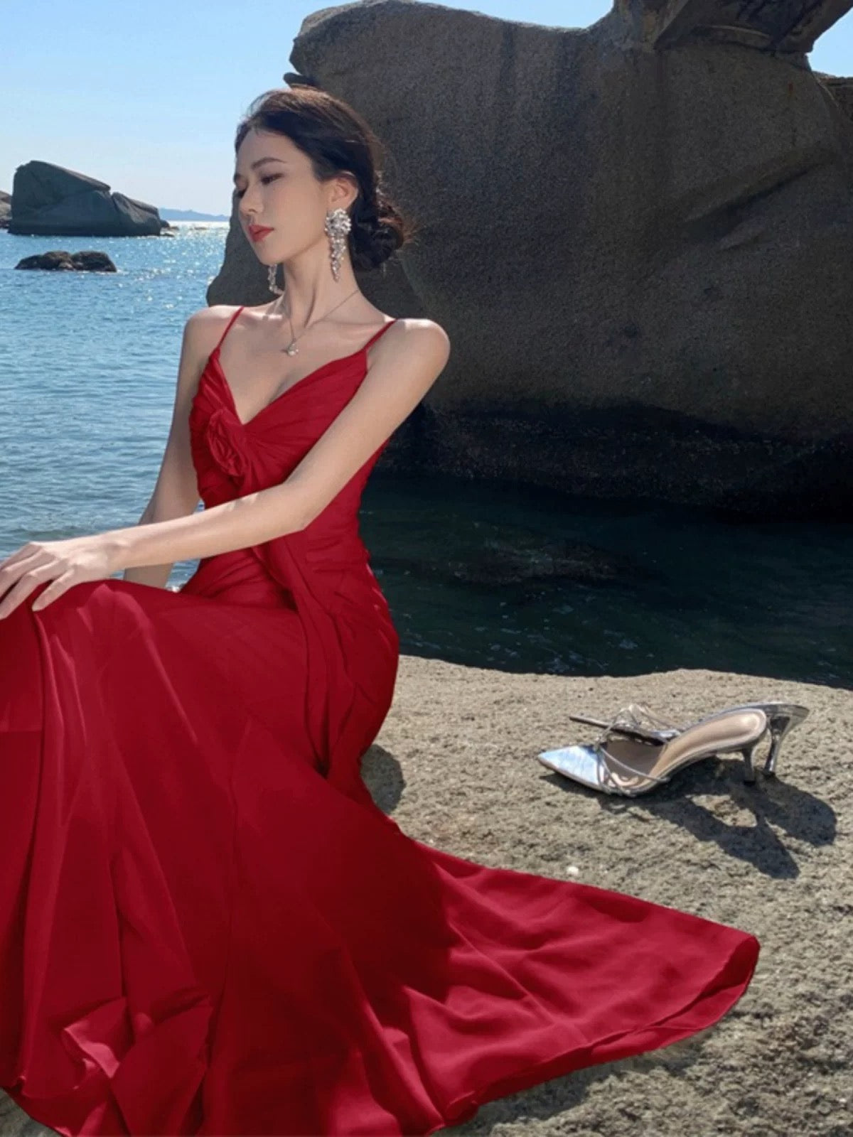 Modest Mermaid Spaghetti Strap Chiffon Red Cruise Ship Formal Night Evening Dresses 22th Long Birthday Outfits RB5596