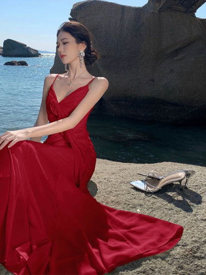 Modest Mermaid Spaghetti Strap Chiffon Red Cruise Ship Formal Night Evening Dresses 22th Long Birthday Outfits RB5596
