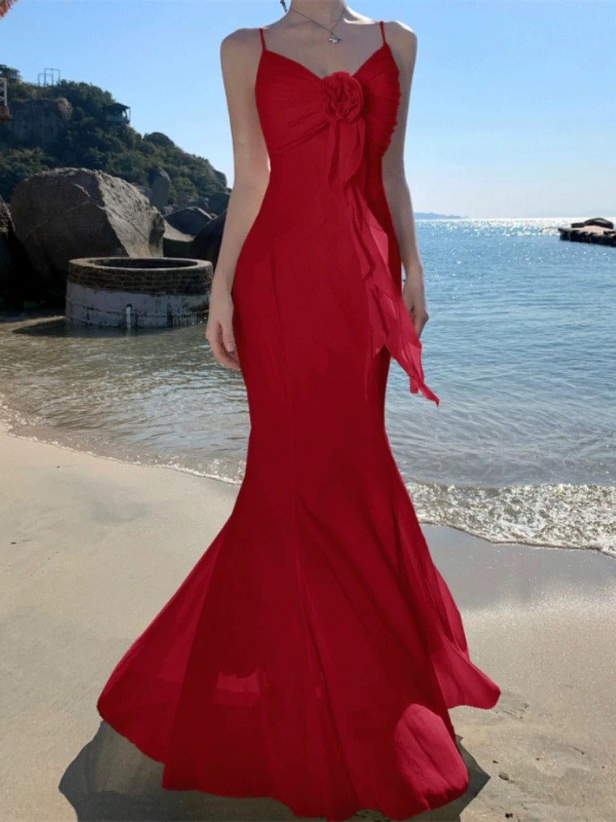 Modest Mermaid Spaghetti Strap Chiffon Red Cruise Ship Formal Night Evening Dresses 22th Long Birthday Outfits RB5596