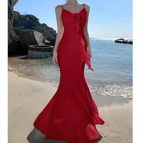 Modest Mermaid Spaghetti Strap Chiffon Red Cruise Ship Formal Night Evening Dresses 22th Long Birthday Outfits RB5596