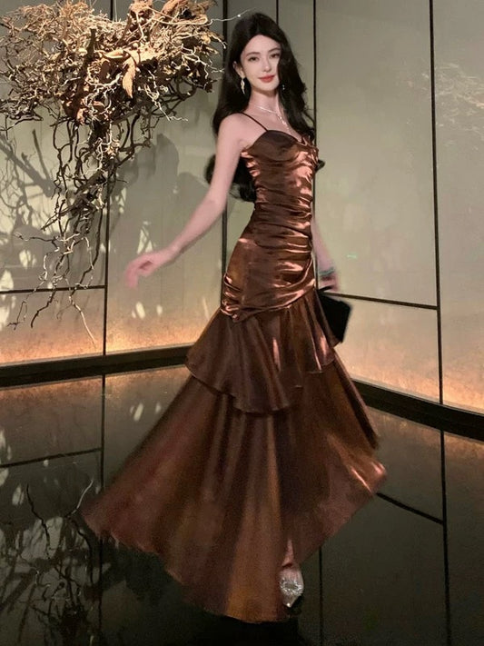 Modest Mermaid Spaghetti Strap Brown Long Cruise Ship Formal Night Evening Dresses 22th Birthday Outfits RB5597
