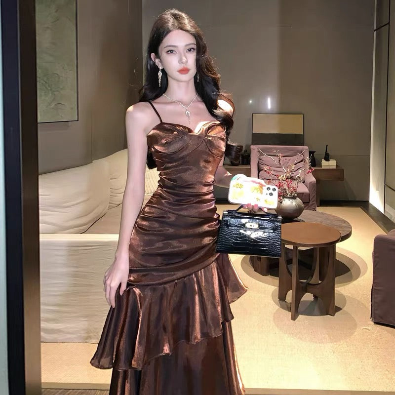 Modest Mermaid Spaghetti Strap Brown Long Cruise Ship Formal Night Evening Dresses 22th Birthday Outfits RB5597