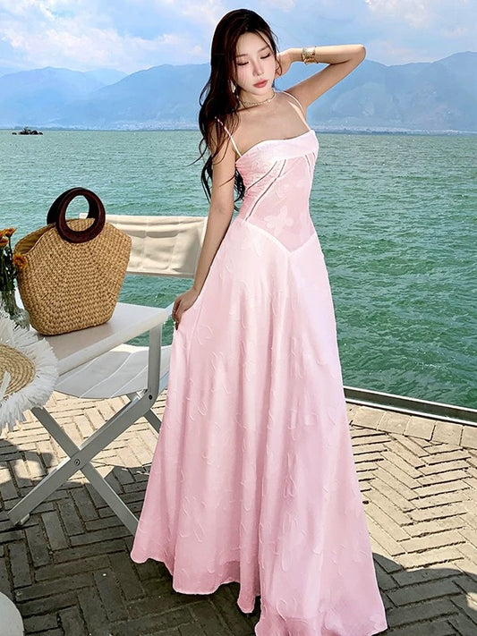 Modest A line Spaghetti Strap Pink Lace Long Cruise Ship Formal Night Evening Dresses 18th Birthday Outfits RB5599