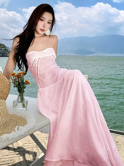 Modest A line Spaghetti Strap Pink Lace Long Cruise Ship Formal Night Evening Dresses 18th Birthday Outfits RB5599