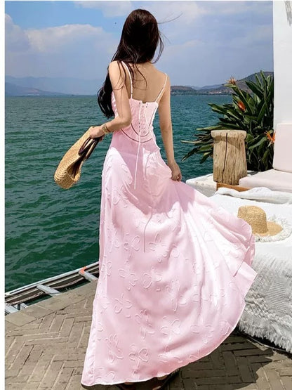 Modest A line Spaghetti Strap Pink Lace Long Cruise Ship Formal Night Evening Dresses 18th Birthday Outfits RB5599