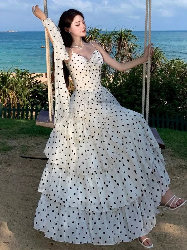 Modest A line Spaghetti Strap Black Polka Dots Long Cruise Ship Formal Night Evening Dresses 18th Birthday Outfits RB5600