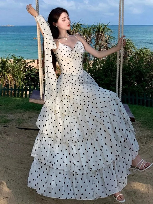 Modest A line Spaghetti Strap Black Polka Dots Long Cruise Ship Formal Night Evening Dresses 18th Birthday Outfits RB5600