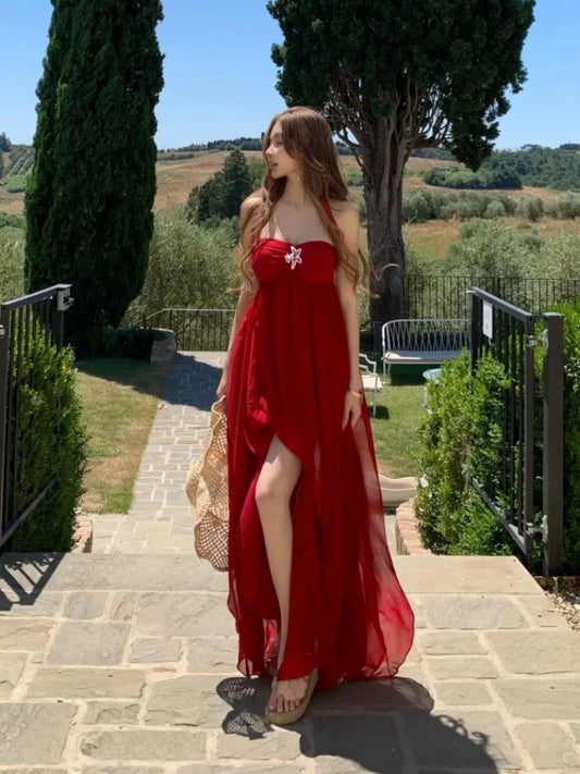 Modest A line Halter Red Chiffon Sleeveless Long Cruise Ship Formal Night Evening Dresses 18th Birthday Outfits RB5601