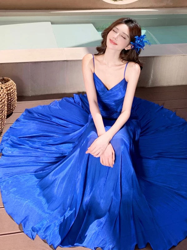 Meerjungfrau Spaghetti-Träger Königlich Blau Knöchellang 21. Geburtstag Elegantes Outfit Sommer Hochzeitsgast Kleider N4028