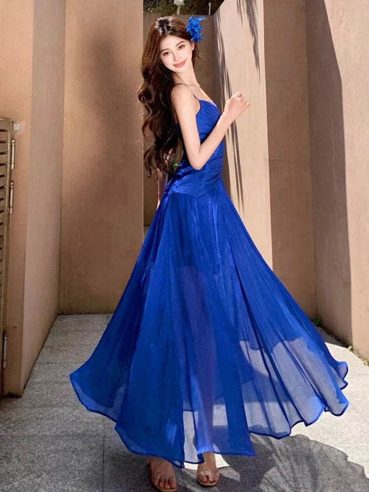 Modest A line Spaghetti Strap Royal Blue Chiffon Sleeveless Long Cruise Ship Formal Night Evening Dresses 18th Birthday Outfits RB5602
