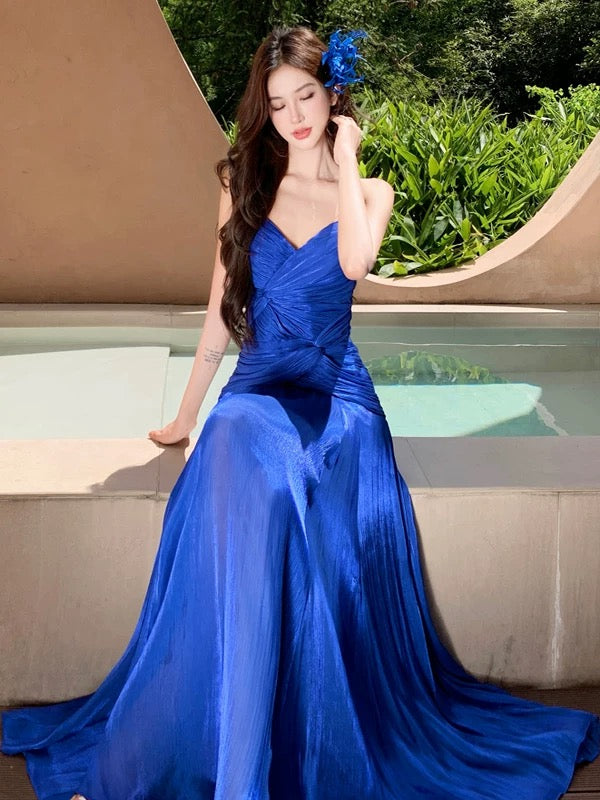 Meerjungfrau Spaghetti-Träger Königlich Blau Knöchellang 21. Geburtstag Elegantes Outfit Sommer Hochzeitsgast Kleider N4028
