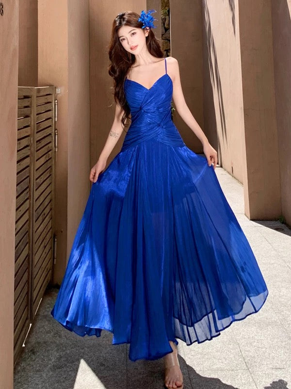 Meerjungfrau Spaghetti-Träger Königlich Blau Knöchellang 21. Geburtstag Elegantes Outfit Sommer Hochzeitsgast Kleider N4028