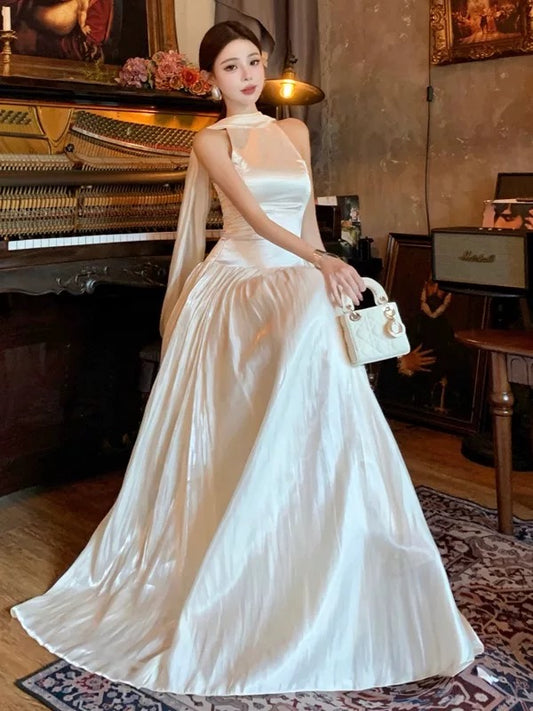 Modest A line High Neck Ivory With Scarf Chiffon Sleeveless Long Cruise Ship Formal Night Evening Dresses 18th Birthday Outfits RB5603