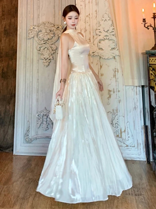 Modest A line High Neck Ivory With Scarf Chiffon Sleeveless Long Cruise Ship Formal Night Evening Dresses 18th Birthday Outfits RB5603