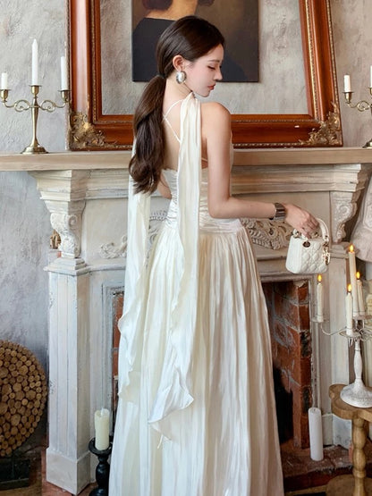 Modest A line High Neck Ivory With Scarf Chiffon Sleeveless Long Cruise Ship Formal Night Evening Dresses 18th Birthday Outfits RB5603
