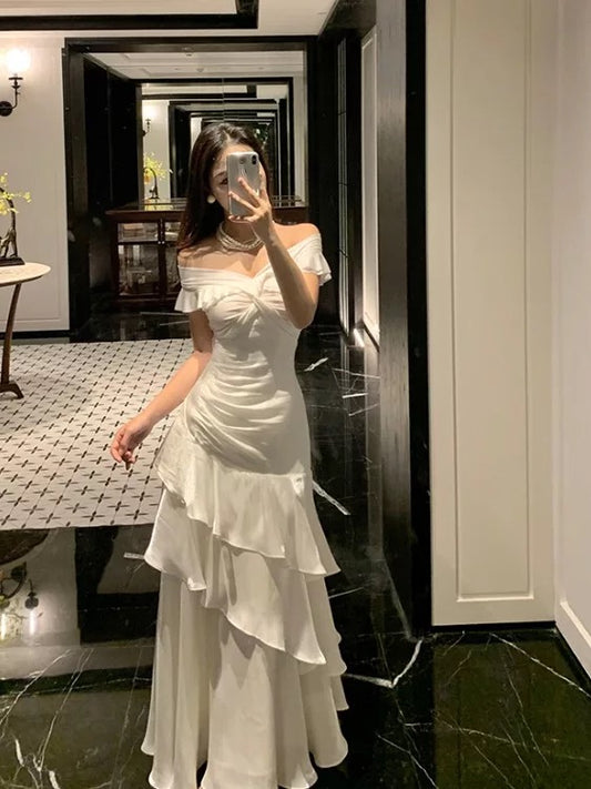 Modest Mermaid Off The Shoulder White With Ruffled Chiffon Long Cruise Ship Formal Night Evening Dresses 18th Birthday Outfits RB5604