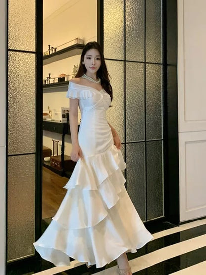 Modest Mermaid Off The Shoulder White With Ruffled Chiffon Long Cruise Ship Formal Night Evening Dresses 18th Birthday Outfits RB5604