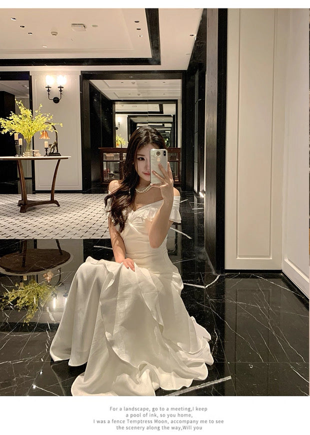 Modest Mermaid Off The Shoulder White With Ruffled Chiffon Long Cruise Ship Formal Night Evening Dresses 18th Birthday Outfits RB5604