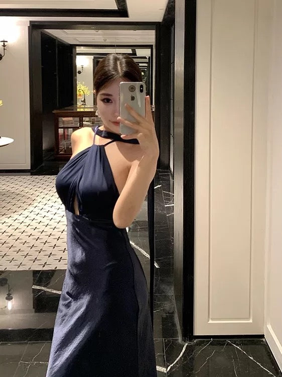 Sexy Mermaid Halter Navy Blue Satin Cruise Ship Formal Night Evening Dresses 18th Birthday Outfit RB5606