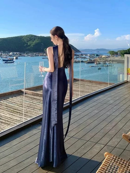 Modest Mermaid Halter Navy Blue Satin Long Date Night Outfits Semi Formal Prom Wedding Guest Dresses RB5382