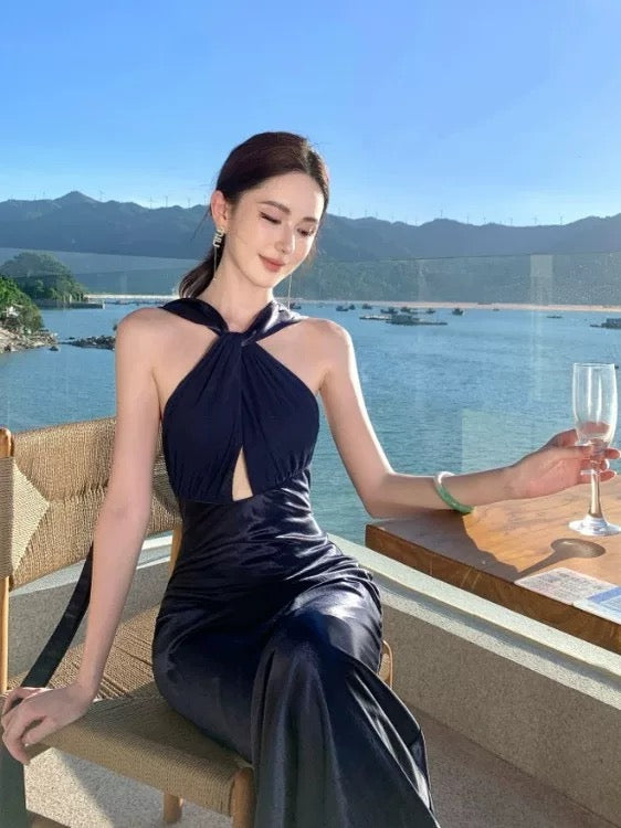 Modest Mermaid Halter Navy Blue Satin Long Date Night Outfits Semi Formal Prom Wedding Guest Dresses RB5382