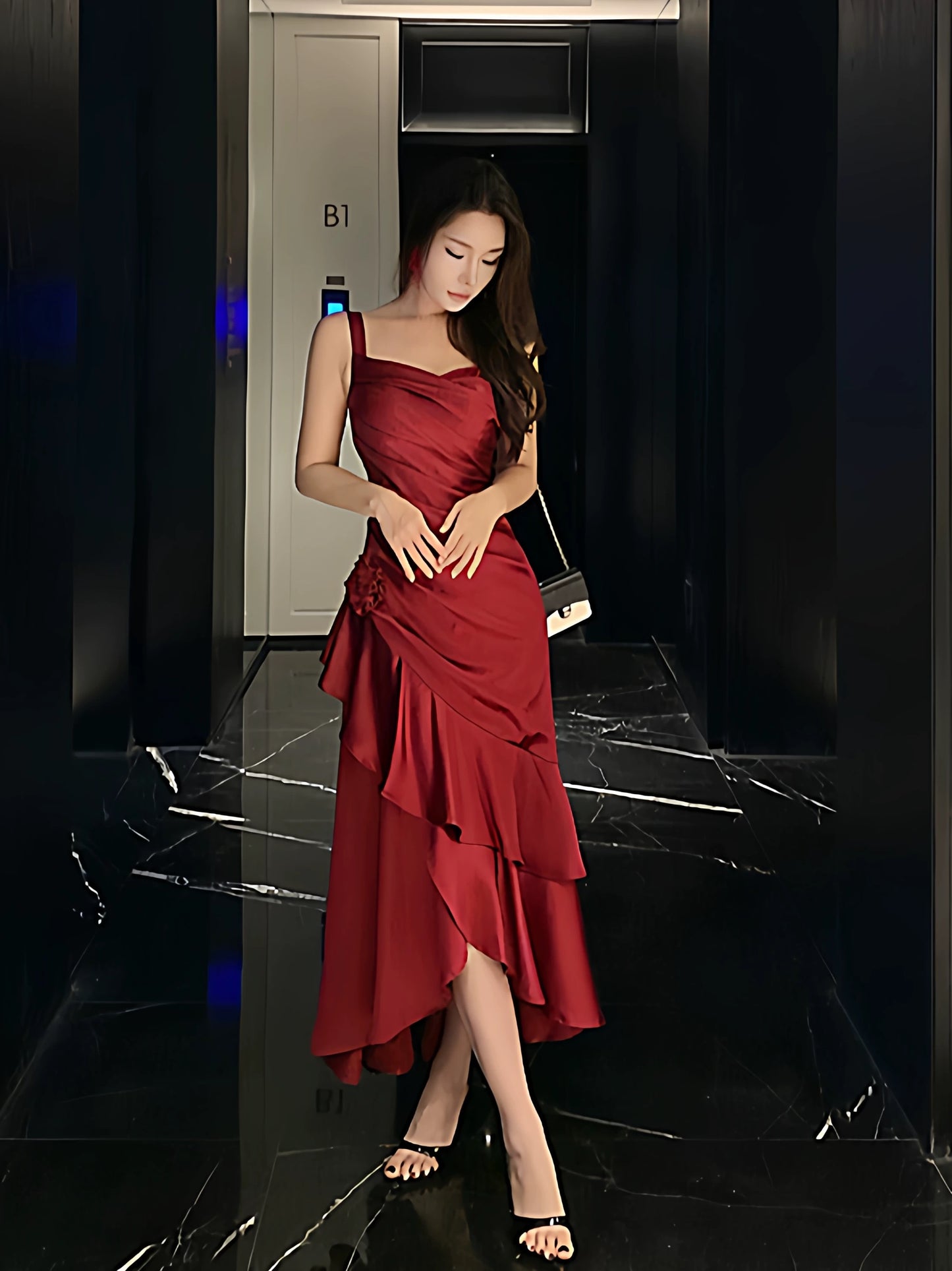 French Style Mermaid Straps Burgundy Date With Ruffled Night Evening Outfit Formal Prom Dresses RB5383