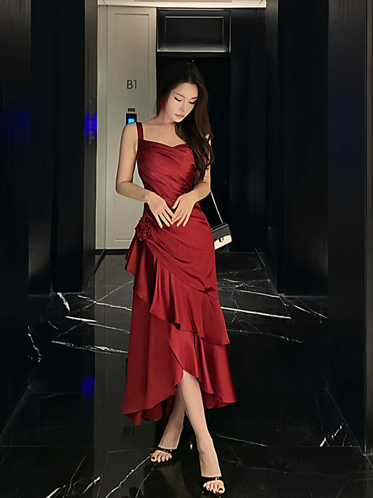 French Style Mermaid Straps Burgundy Date With Ruffled Night Evening Outfit Formal Prom Dresses RB5383