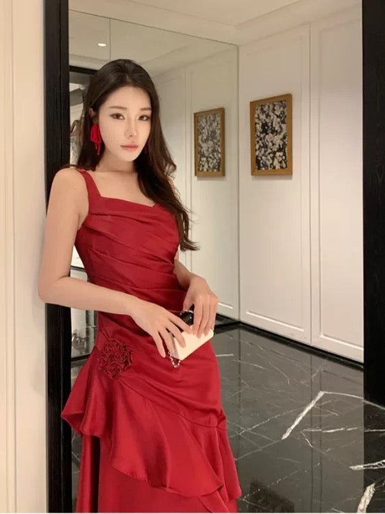 French Style Mermaid Straps Burgundy Date With Ruffled Night Evening Outfit Formal Prom Dresses RB5383