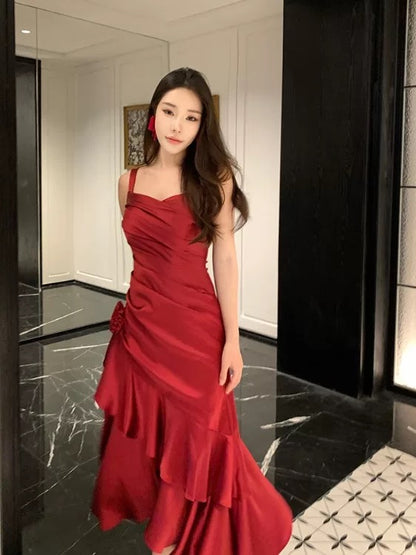 French Style Mermaid Straps Burgundy Date With Ruffled Night Evening Outfit Formal Prom Dresses RB5383