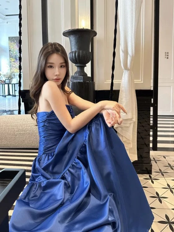 Modest A line Sweetheart Royal Blue Satin Long Date Night Outfits Semi Formal Prom Wedding Guest Dresses RB5383