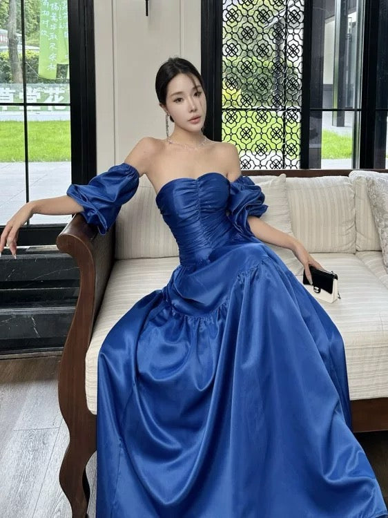 Modest A line Sweetheart Royal Blue Satin Long Date Night Outfits Semi Formal Prom Wedding Guest Dresses RB5383