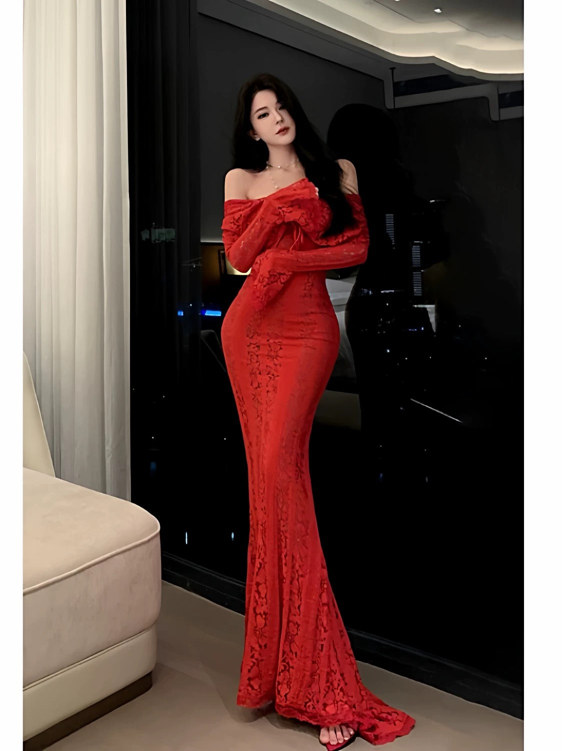 Sexy Mermaid Off The Shoulder Red Lace With Sleeves Date Night Outfits Long Formal Evening Wedding Guest Dresses RB5384