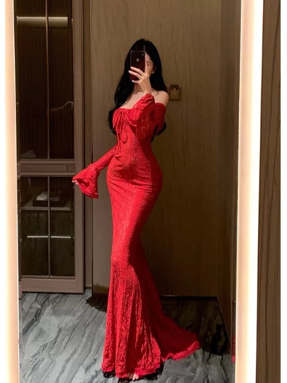 Sexy Mermaid Off The Shoulder Red Lace With Sleeves Date Night Outfits Long Formal Evening Wedding Guest Dresses RB5384