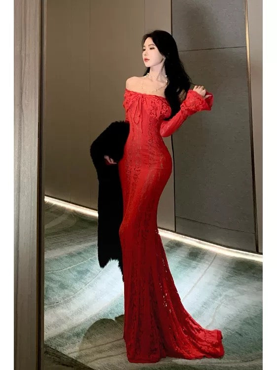 Sexy Mermaid Off The Shoulder Red Lace With Sleeves Date Night Outfits Long Formal Evening Wedding Guest Dresses RB5384