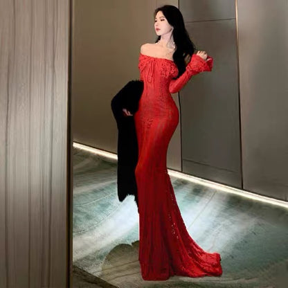 Sexy Mermaid Off The Shoulder Red Lace With Sleeves Date Night Outfits Long Formal Evening Wedding Guest Dresses RB5384