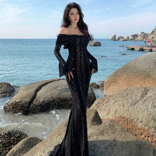 Sexy Mermaid Off The Shoulder Red Lace With Sleeves Date Night Outfits Long Formal Evening Wedding Guest Dresses RB5384